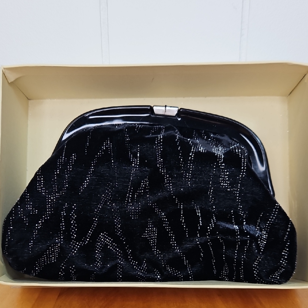 Vintage 1960s Evening Bag Clutch Bag Black Velvet Silver Pattern Made In ITALY
